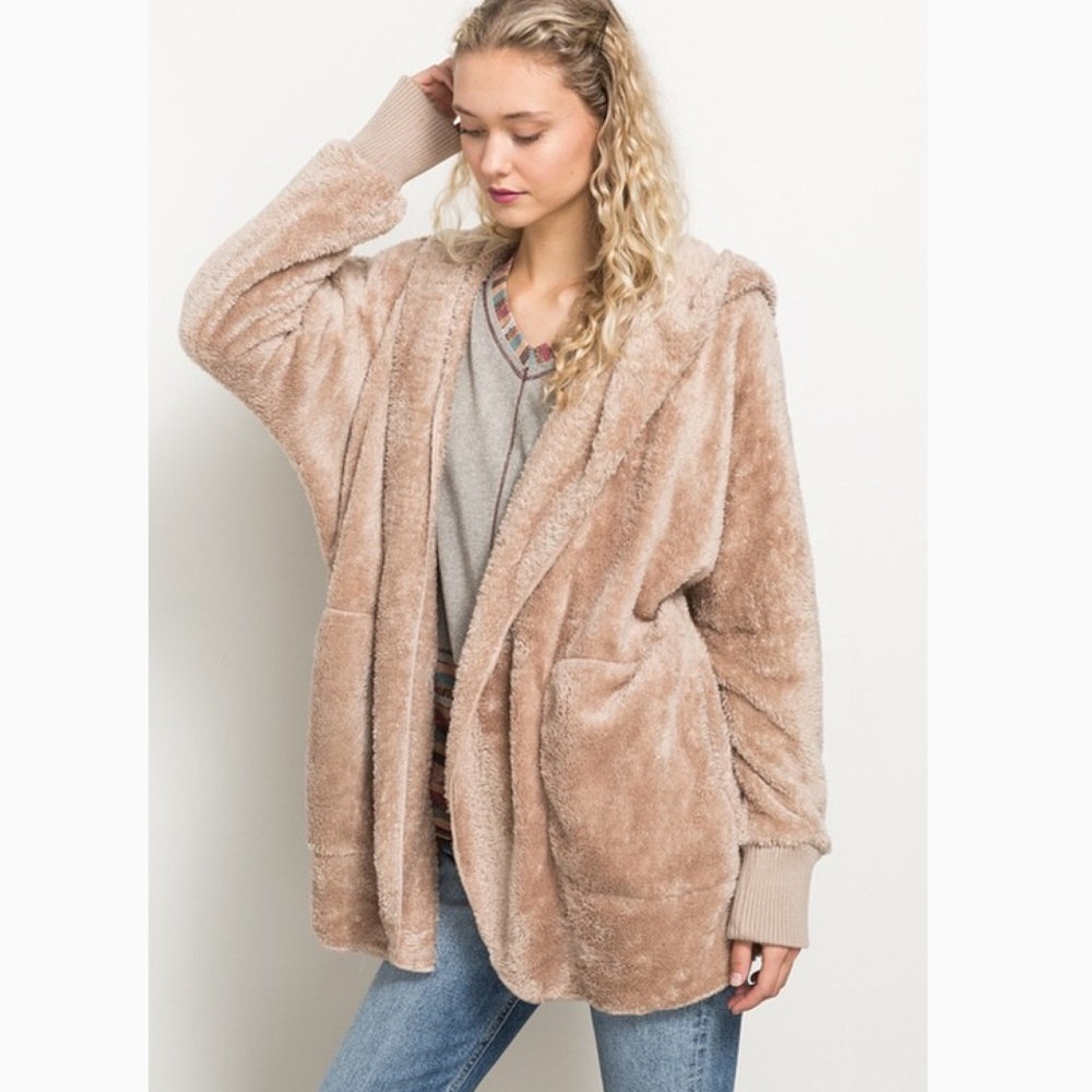 Taupe faux fur plush hooded jacket - Picture 3 of 5